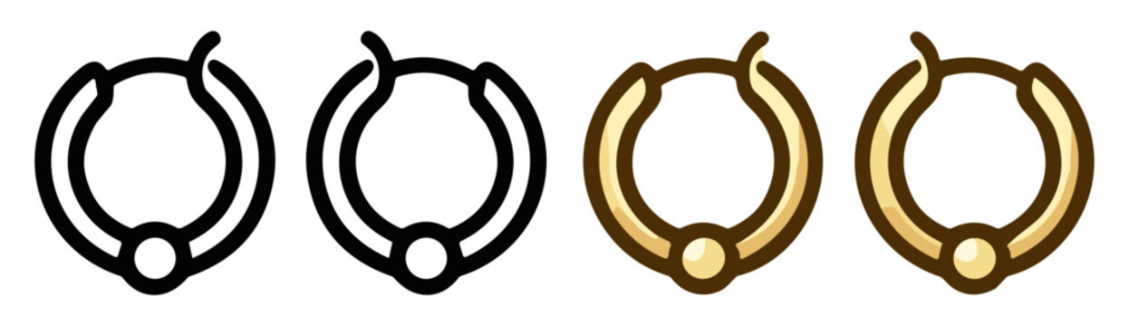 Gold hoop earrings vector icon set with outline and colored jewelry styles on transparent background