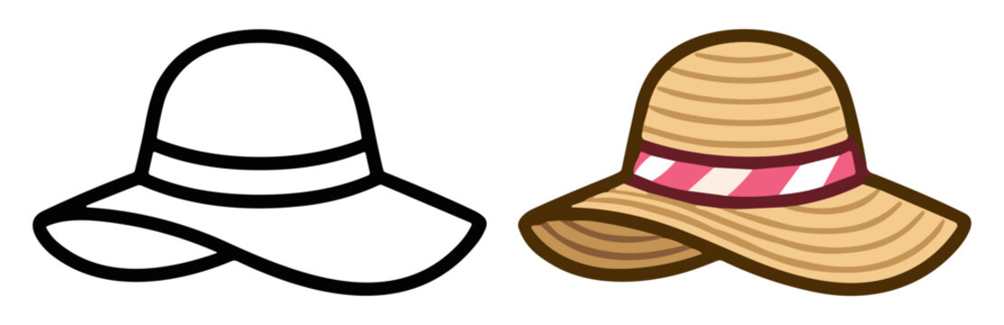 Sun hat vector icon set with outline and straw summer fashion styles on transparent background