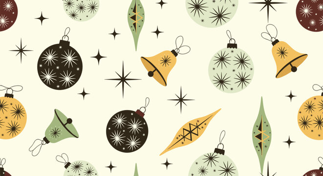 Vintage-inspired seamless pattern of mid-century modern Christmas ornaments bells and stars on a light cream background for festive wrap.