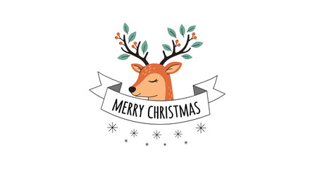 Fototapeta premium Adorable reindeer character illustration featuring branches for antlers and a festive Merry Christmas banner on a white background.