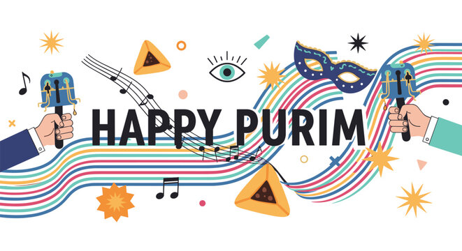 Joyful Happy Purim celebration banner featuring masks musical instruments traditional food and vibrant rainbow wavy lines.