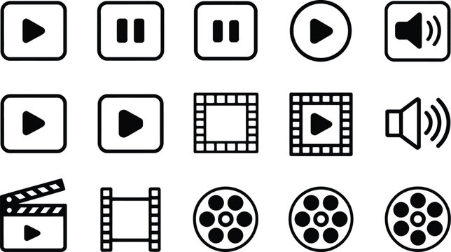 Video icon set, movie and cinema UI icons featuring video player controls play pause stop record buttons and film production symbols.