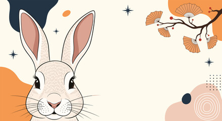 Obraz premium Modern artistic illustration of a cute bunny face combined with Japanese fans, stars, and abstract shapes in a warm color palette.