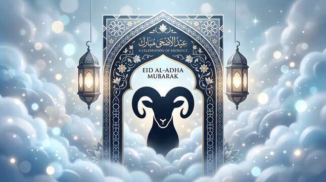 A festive Eid al-Adha Mubarak greeting featuring a silhouette of a rams head within an ornate archway, flanked by illuminated lanterns against a dreamy, cloudy sky.