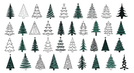 Obraz premium Large collection of forty unique Christmas tree icons in various artistic styles from minimalist to detailed hand drawn sketches.