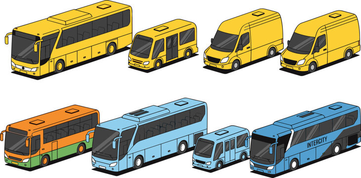 Vector Illustration of Buses and Vans in Different Colors and Sizes for Transport and Vehicle Themes