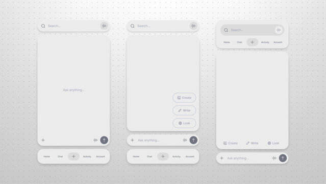 Artificial intelligence interface layout for mobile application. Minimalist ui design with search bar and chat box. Digital platform for virtual assistant technology and navigation.