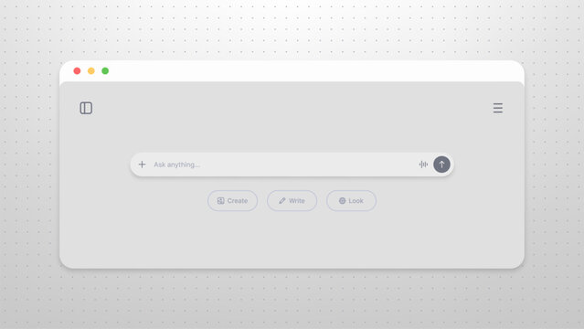 Artificial intelligence browser interface with text prompt search bar. Modern clean website UI design with create write and look buttons for AI chatbot assistant task interaction.