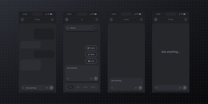 Mobile interface design for artificial intelligence chat bot. User experience screens showing conversation windows and input fields. Dark mode theme for innovative software application.