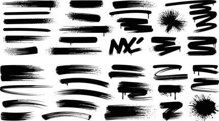 Naklejka premium Black spray paint brush strokes set, urban graffiti drip textures and splatter vector, grunge ink smear collection for street art design