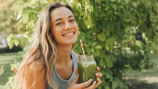 Smiling woman holding a green smoothie in a mason jar with a straw outdoors in nature.