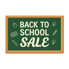 Fototapeta premium Back to School Sale Chalkboard Sign with Educational Stationery Icons and Chalk Text Typography for Seasonal Retail Promotion and Academic Marketing Campaign