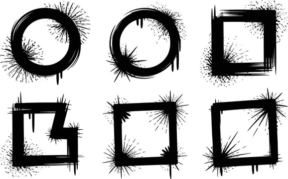 Grunge graffiti spray paint frames set, black ink splatter circle and square borders, urban street art vector elements for graphic design