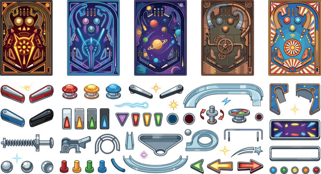 Arcade Pinball Game Asset Set with Playfield Boards Bumpers Rails Flippers Lights Buttons and Futuristic UI Elements
