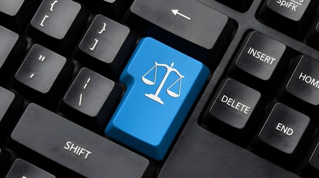 Blue key with scales of justice on a black computer keyboard, symbolizing digital law, online regulation, and legal technology concepts.