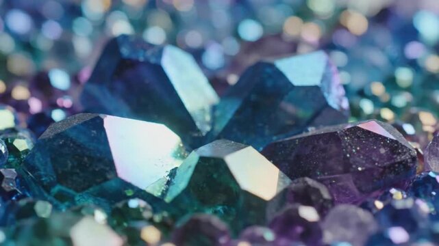 Macro close-up of iridescent blue and purple crystal minerals with faceted structures and shimmering surfaces. Detail of a quartz geode formation with soft bokeh light reflections.