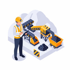 Naklejka premium Miner inspecting coal mining operation with conveyor belts and machinery.