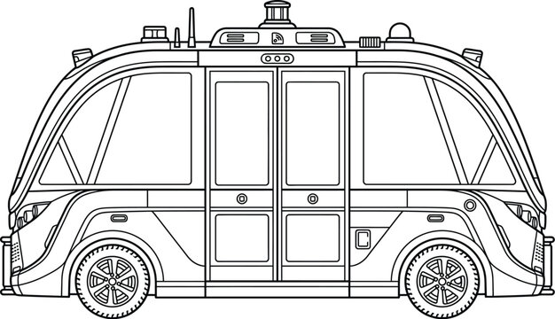 Side view of a futuristic autonomous shuttle bus featuring advanced sensor technology for driverless public transportation services presented in a clean and minimal black line art style