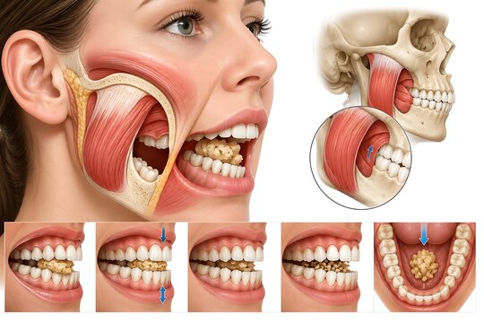 Anatomy of Chewing Process, Human Jaw Muscles and Teeth Mastication Medical Illustration