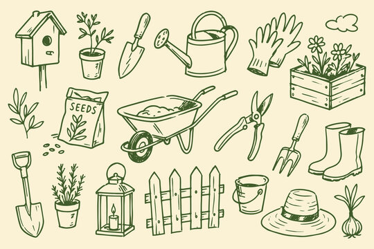 Garden Tools and Plants Green Ink Sketch Set Vector