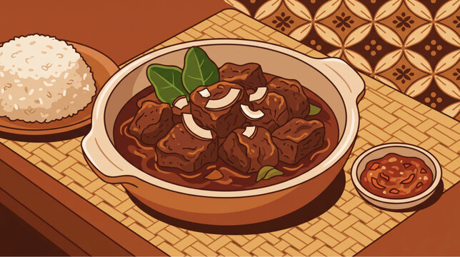 Digital Vector Illustration of Beef Rendang, Traditional Indonesian Spicy Meat Stew served with Rice and Sambal on Batik Background.