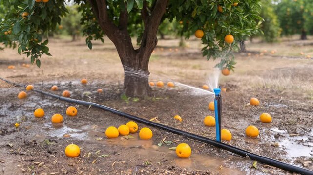Irrigation system spraying water in orange grove. Automatic micro-sprinkler watering citrus trees in agricultural orchard. Lockdown shot.