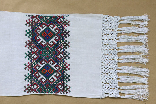 National ornament on Ukrainian embroidery. Ornamentation of old Ukrainian shirts, towels, tablecloths, embroidery and placement of patterns. Decor circa 1900.