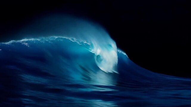 Cinematic slow motion of a powerful ocean wave breaking at night with glowing blue crests and deep dark water under the pitch black sky