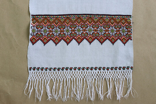 National ornament on Ukrainian embroidery. Ornamentation of old Ukrainian shirts, towels, tablecloths, embroidery and placement of patterns. Decor circa 1900.