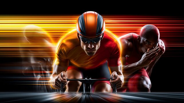 Ein Rennradfahrer und ein L&auml;ufer wetteifern gegeneinander mit dramatischen orangenen Lichtstreifen im dunklen Hintergrund.