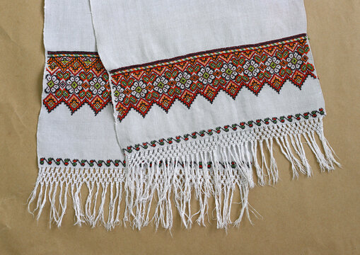 National ornament on Ukrainian embroidery. Ornamentation of old Ukrainian shirts, towels, tablecloths, embroidery and placement of patterns. Decor circa 1900.