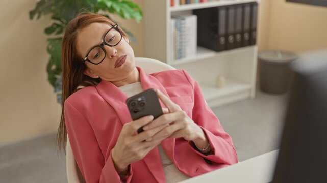 Woman in pink blazer leans back holding smartphone, fingers tapping screen at desk with monitor in office building; boredom distraction multitasking.