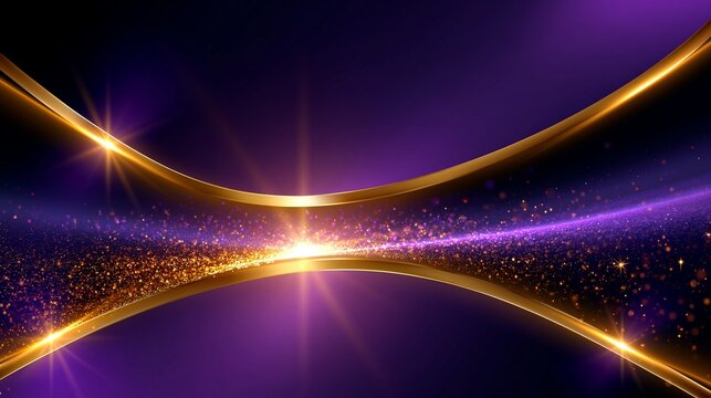 Abstrakte goldene Linien und violette Wellen mit Glitzerpartikeln auf dunklem Hintergrund als eleganter Hintergrund.