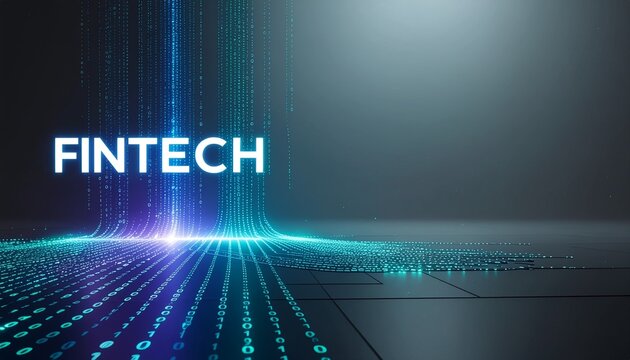 Fintech digital data streams and binary code flowing on dark surface