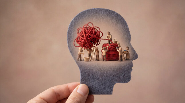 Tiny workers untangling a messy red thread inside a human head silhouette