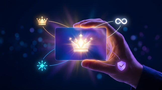 Premium VIP membership card with glowing crown icon, hand holding digital loyalty card, luxury rewards and exclusive benefits concept