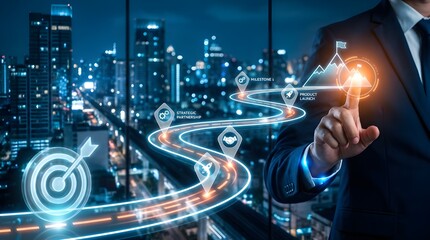 Fototapeta premium Strategic business roadmap with digital path to success, businessman pointing at growth milestones, corporate goal achievement and planning concept