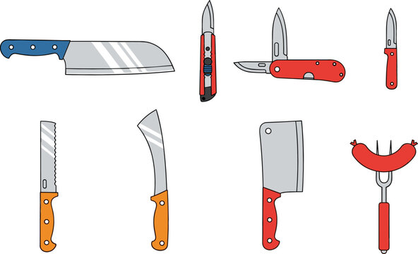 Vector Illustration of Kitchen Knives, Cleavers, Utility Knives, and Sausage Fork for Cooking and Kitchen Themes