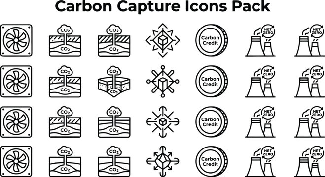 Professional set of carbon capture line icons featuring industrial technology concepts for environmental sustainability projects displayed in a clean vector illustration for modern web design layouts
