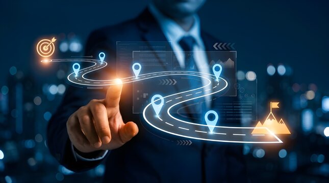 Strategic business roadmap concept with digital path, corporate executive planning future growth milestones, glowing navigation icons on dark city background