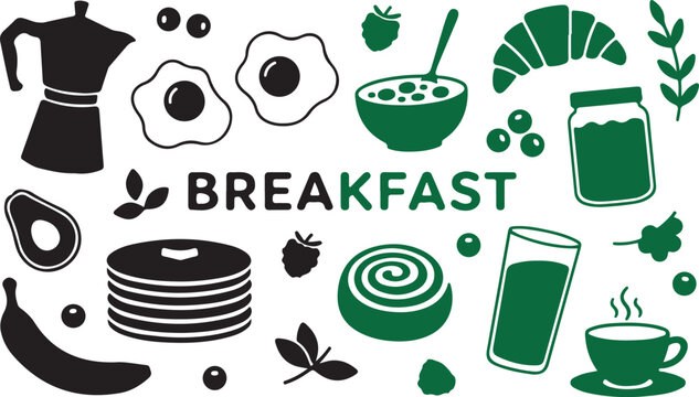 Black and green breakfast icons and word art food illustration