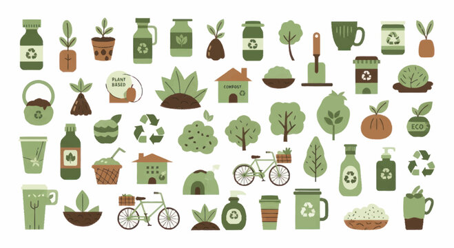 Eco Friendly Icons Set Nature Plants And Recycling Symbols.