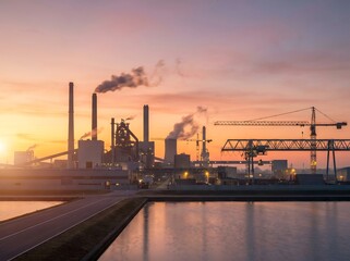 Obraz premium Industrial factory skyline with smokestacks emitting smoke, construction cranes, and metal structures silhouetted against a vibrant orange and purple sunset sky over a calm water canal