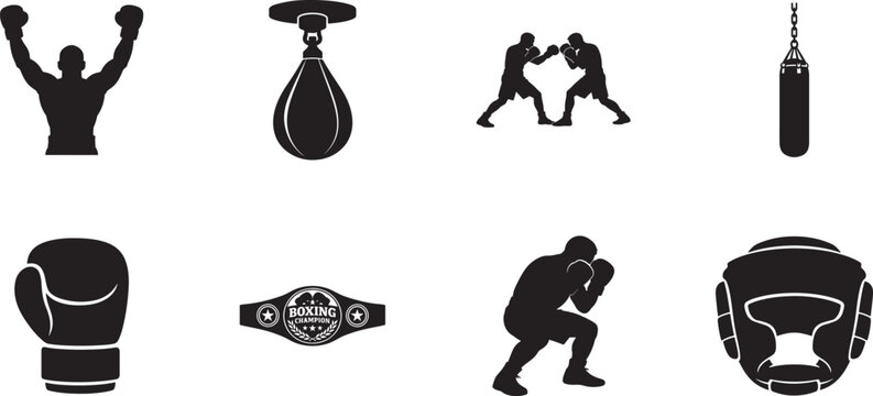 Boxing equipment and fighters vector icon set with gloves, belt, headgear and punching bag.