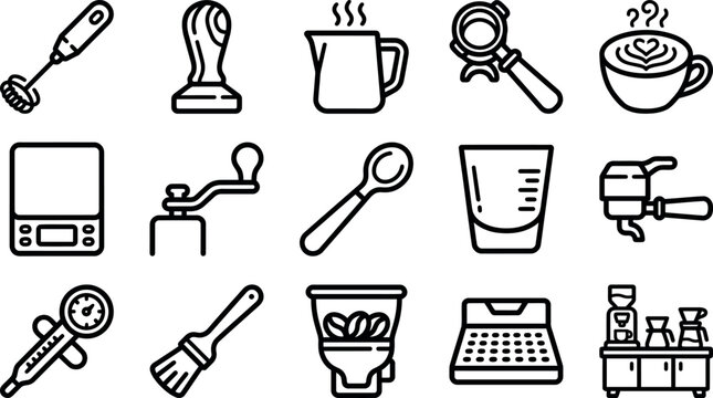 Set of line icons for coffee and kitchen tools and equipment  various objects