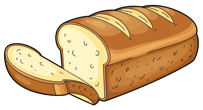 Cartoon loaf of white bread with slice cut off and isolated a white background