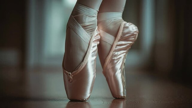 Detailed close up of a professional ballerina feet standing en pointe wearing elegant pink satin ballet shoes with silk ribbons in a dimly lit dance studio during rehearsal