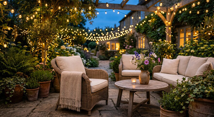 Obraz premium Cozy Outdoor Patio Seating With String Lights