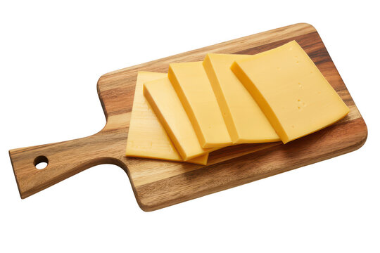 Several slices of yellow cheddar cheese fan out on a rectangular wooden serving board isolated on a transparent background