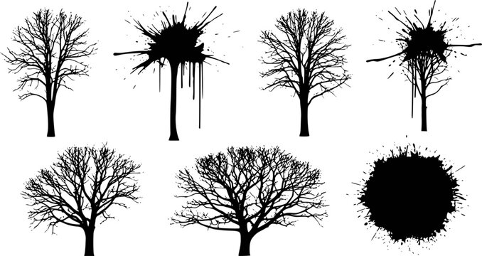 Collection of black silhouette bare trees and ink splatter white